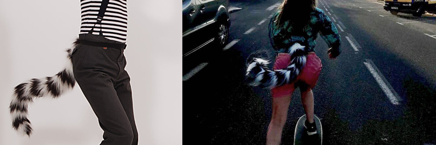 Left: Person in black pants and striped shirt wearing a TellTails Lemur accessory. Right: Person in pink shorts and blue jacket skateboarding, embracing a playful cosplay vibe with a similar TellTails Lemur accessory.