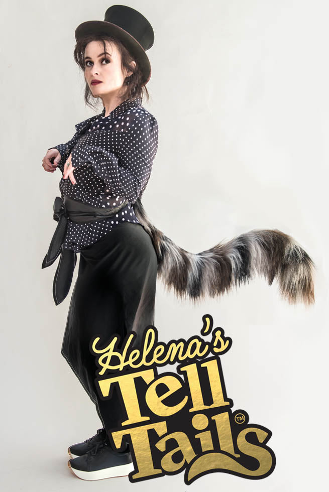 Helena Bonham Carter wears a fluffy tabby cat tail on a bow tie waistband in a feline pose. Perfect accessory for animal themed parties, Aristocats fans, kink parties, characters or cosplay, World Book Week, tabby mc Tat. Fancy dress accessory for skiing and snowboarding on the slopes. Hen and stag party novelty accessories, twerk, Glastonbury, waggle to jungle at Boomtown. 