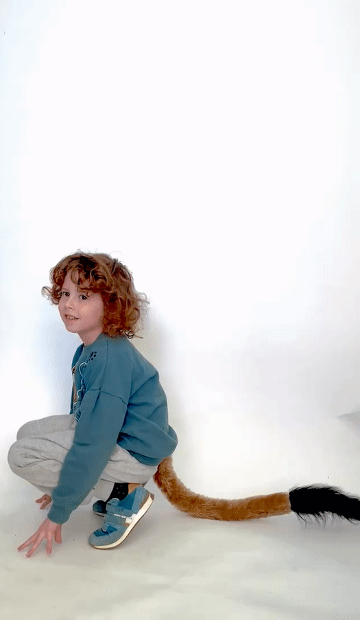 A child aged 4 energetic and cheeky wearing a fluffy costume lion tail. Accessory animal tail like in Sweet tooth. As seen in Dragons den. Mufasa, Scar, Nala, Simba from the Lion King, Aslan from the lion the witch and the wardrobe for cosplay character or world book day. Perfect for woodland or animal themed parties, pouncing around music festivals, Glastonbury, Camp Bestival. Fancy dress novelty accessory for skiing and snowboarding. As seen on dragons den by Deborah Meaden.