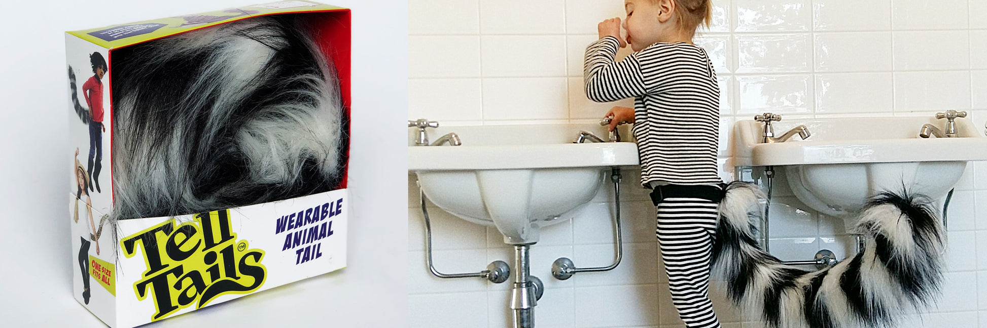 A Loopy Lemur tail by TellTails, featuring black and white stripes, sits next to a child in striped pajamas wearing a similar tail as a fun accessory at the bathroom sink. Ideal for cosplay or fancy dress, it adds charm to any adventure.