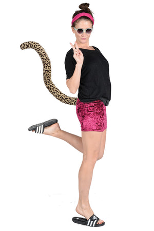 A woman looking sassy wearing a costume leopard tail and Adidas sliders. Fresh out of a music festival, Glastonbury, Boomtown. Perfect for kink sex positive parties, cosplay character or world book day, Madagascar. Perfect for woodland or animal themed parties. Fancy dress novelty accessory for skiing and snowboarding. As seen on dragons den by Deborah Meaden. 