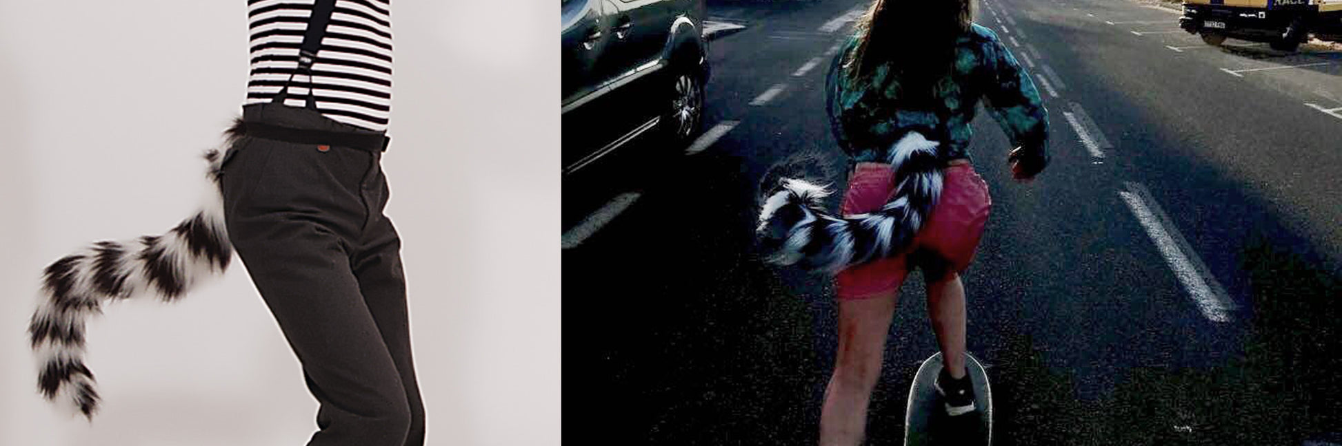 Left: Person in black pants and striped shirt wearing a TellTails Lemur accessory. Right: Person in pink shorts and blue jacket skateboarding, embracing a playful cosplay vibe with a similar TellTails Lemur accessory.