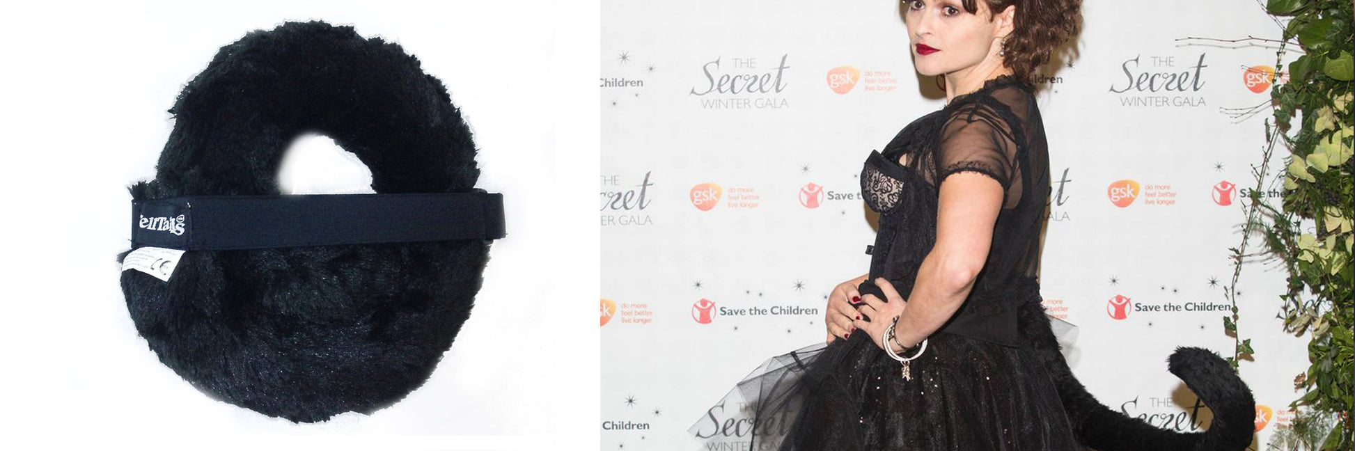 Left: TellTails Black Cat, a furry wearable tail with an adjustable band. Right: A woman in a black dress poses confidently at an event, accessorized with TellTails Black Cat, ideal for cosplay or festivals, against a logo-adorned backdrop.