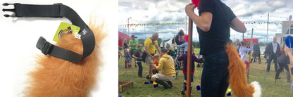 Left side: The Fox by TellTails is a fluffy, orange tail with an adjustable black belt and buckle. Right side: A festival-goer sports this tail, mingling on a grassy field; ideal for cosplay or fancy dress!.